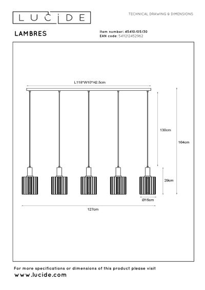 Lucide LAMBRES - Pendant light - 5xE27 - Black